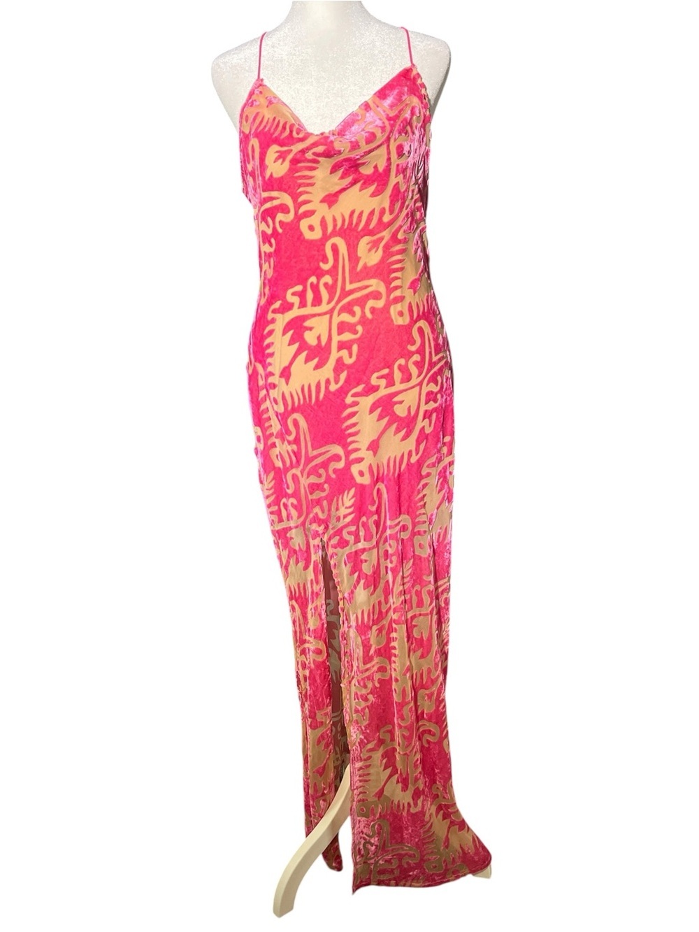 NEVER FULLY DRESSED Shay Slip Maxi Dress Pink Nude Velvet High Slit 8 NWT